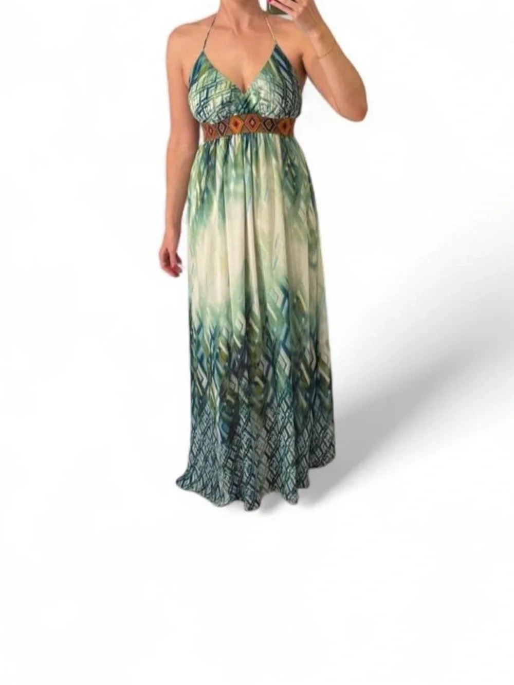 Y2K Boutique Halter Maxi Dress Green Blue Ombre Made in USA Size S